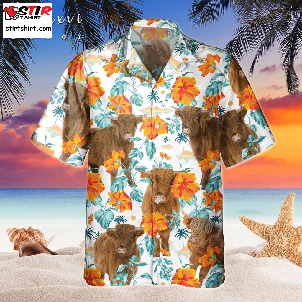 Highland Cow Hawaiian Shirt Short Sleeve For Summer Trip Family,Bright Hibiscus Flowers Aloha Shirt For Animal Farm Lovers, Cute Cow Shirt  Family 