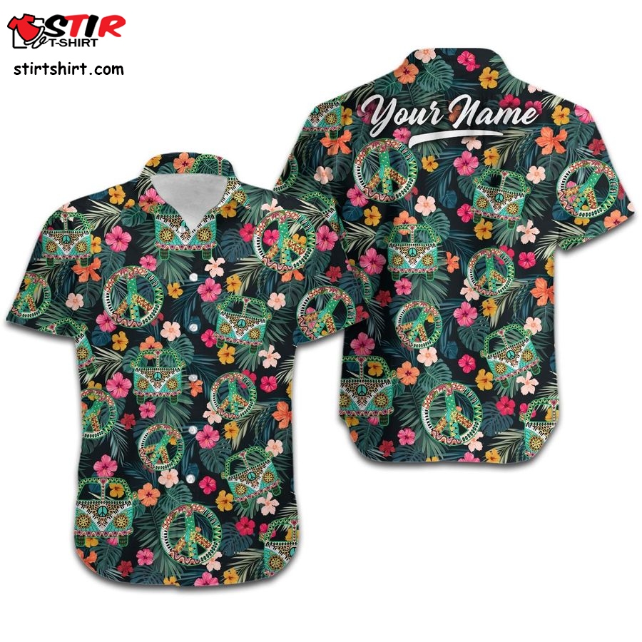 Hippie Car Peace Symbols Flower Leaves Custom Name Women Hawaiian Shirt For Hippy Lovers  80s  Fashion