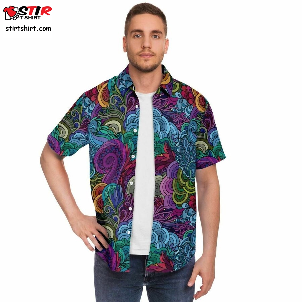 Hippie Doodle Short Sleeve Button Down Shirt   Hawaiian Party Top, Groovy Summer Of Love, Crazy Wild Office Clothing Male, Vacation Shirt  Scarface  Scene