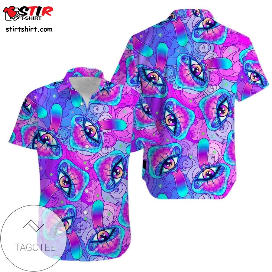 Hippie Neon Mushrooms Psychedelic Hallucination Aloha Authentic Hawaiian Shirt 2023S V  80s  Fashion