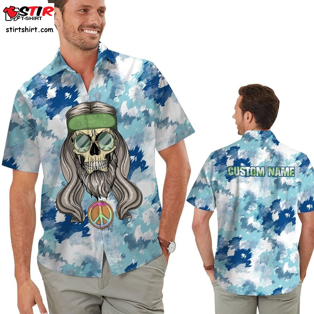 Hippie Skull Tie Dye Pattern Custom Name 3D Men Hawaiian Tropical Aloha Beach Button Up Shirt For Hippy Lovers   With Dogs On It