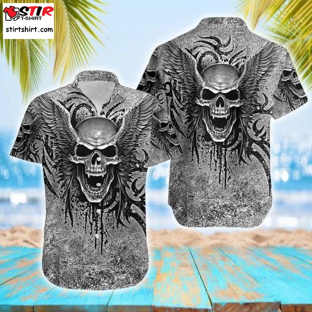Honor Skull Wing Tattoo Gothic Grey Unisex Hawaiian Shirts  Goth 