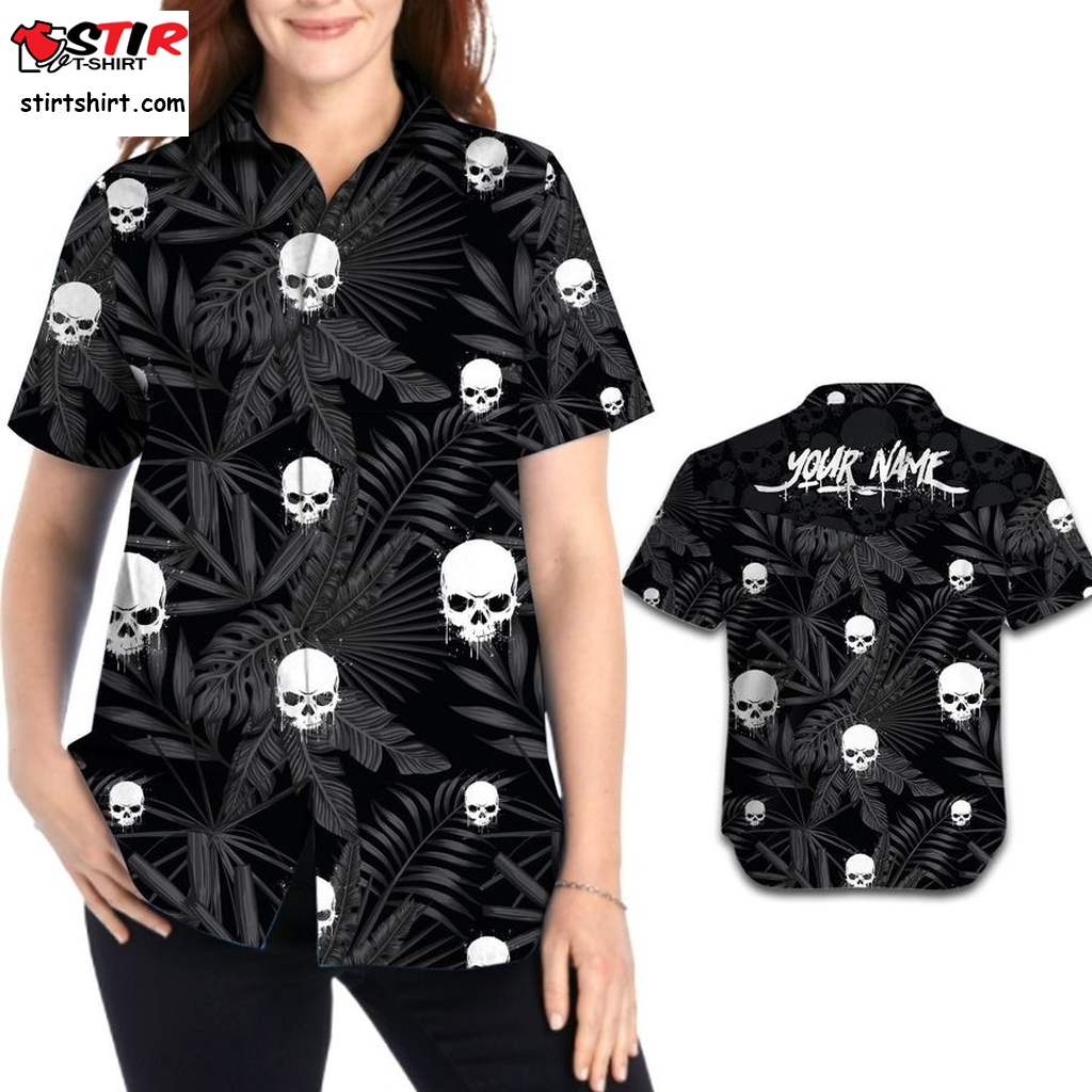 Horror Skulls Custom Name Women Hawaiian Tropical Floral Beach Button Up Shirt For Skeleton Lovers On Summer Vacation  Large Dog 