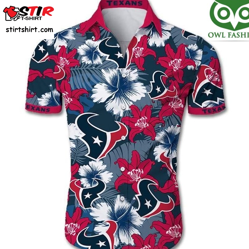 Houston Texans Tropical Flower Team Short Sleeve Hawaiian Shirt  Polyester 