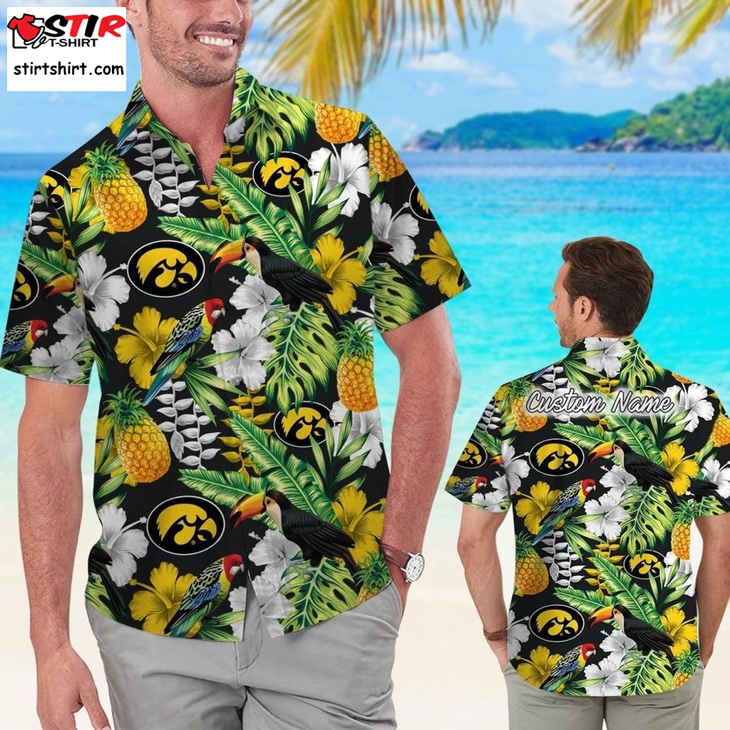 Iowa Hawkeyes Custom Name Parrot Floral Tropical Men Women Short Sleeve Button Up Tropical Aloha Hawaiian Shirts For Men Women  Hawkeye 