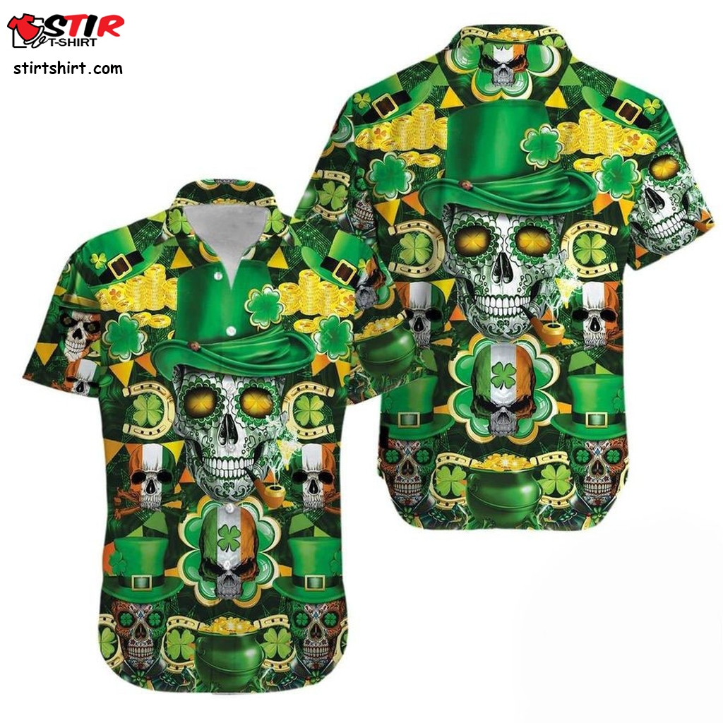 Irish Skull Rich St Patrick Green Hawaiian Aloha Shirts   Hawaiian Shirts Green