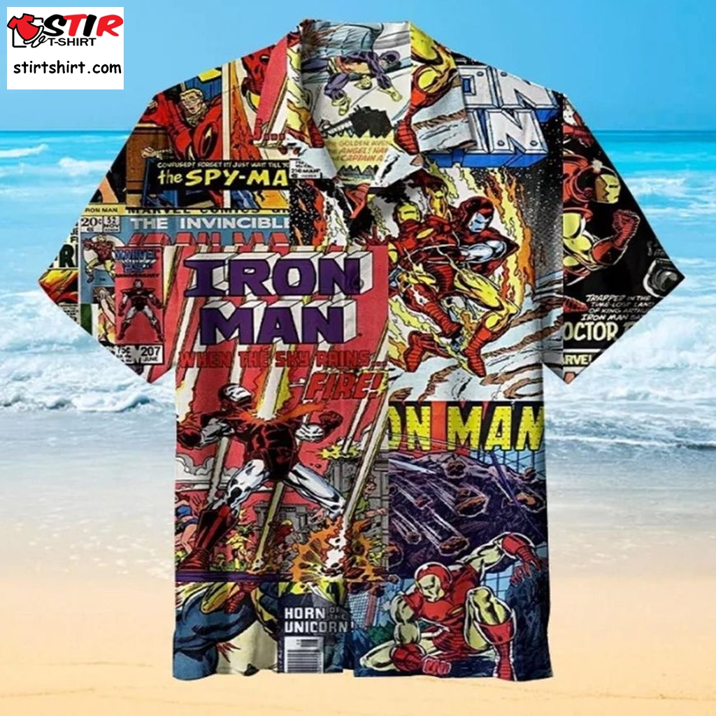Iron Man Comic Striped Hawaiian Shirt  Iron Man 