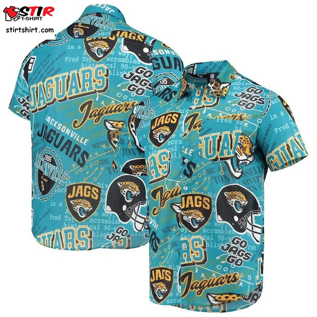 Jacksonville Jaguars Teal Thematic Button Up Hawaiian Shirt  Jacksonville Jaguars 
