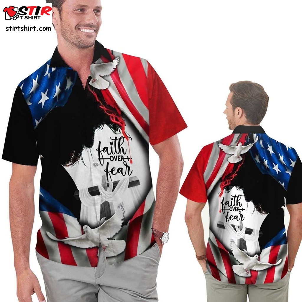 Jesus Faith Over Fear American Flag Men Hawaiian Shirt  Ken Jennings Leno 