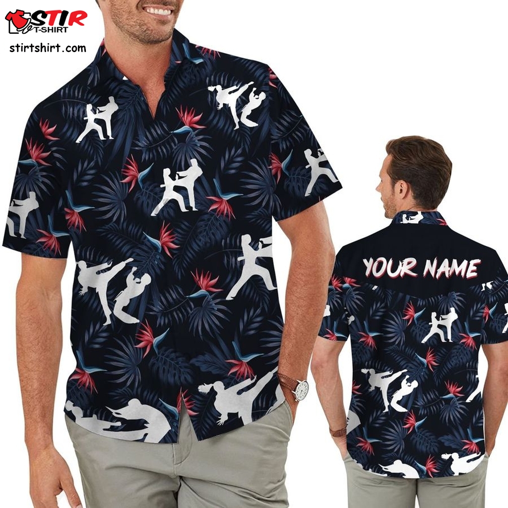 Jiu Jitsu Strelitzia Pattern Custom Name Men Hawaiian Aloha Tropical Floral Beach Button Up Shirt For Bjj Lovers On Summer Vacacation  Jeans And 
