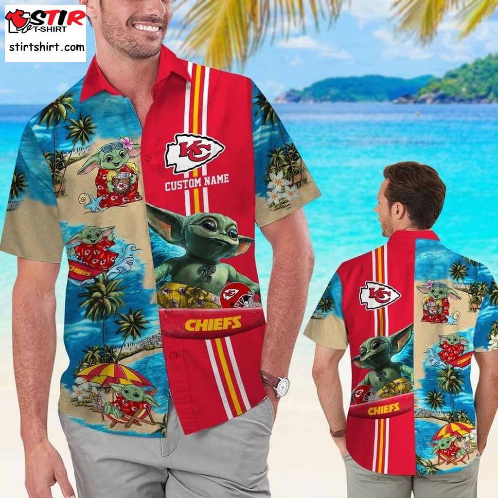 Kansas City Chiefs Baby Yoda Custom Name Short Sleeve Button Up Tropical Aloha Hawaiian Shirts For Men Women