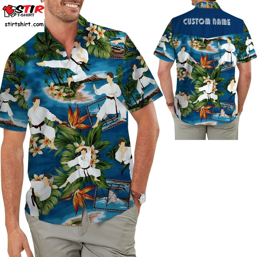 Karate Image Tropical Floral Aloha Custom Name Personalized Gifts Men Button Up Hawaiian Shirt For Martial Art Lovers   Image