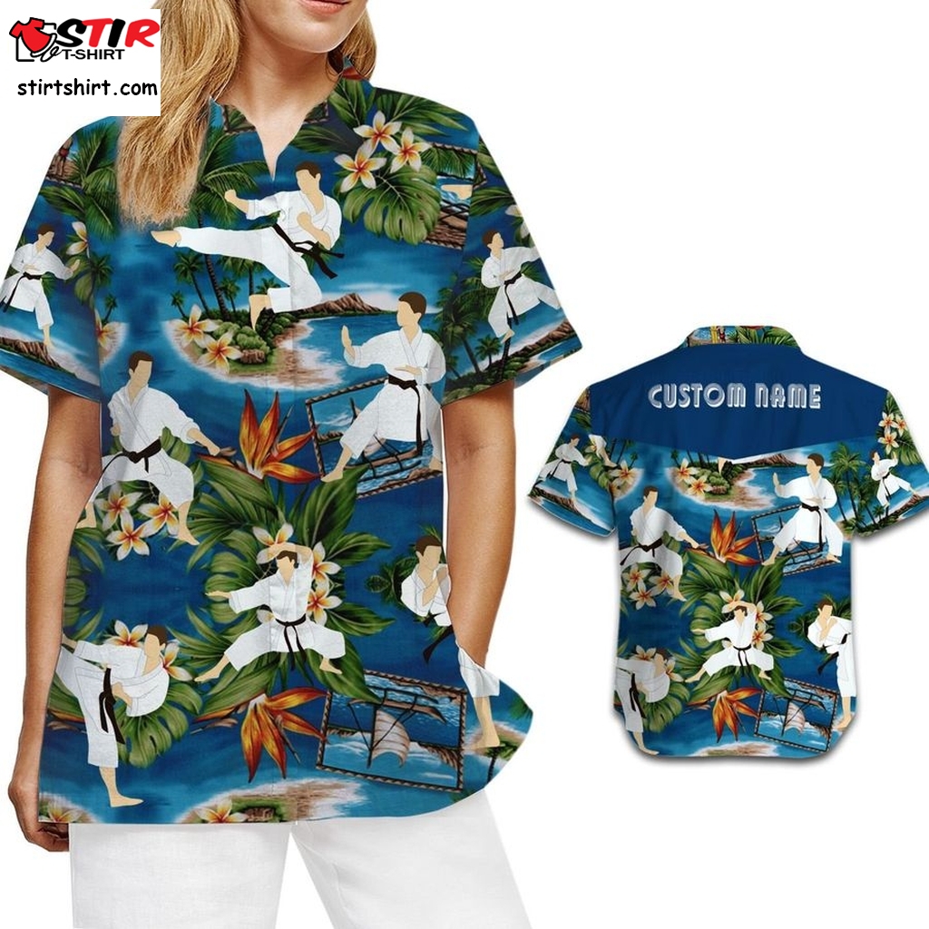 Karate Image Tropical Floral Aloha Custom Name Personalized Gifts Women Button Up Hawaiian Shirt For Martial Art Lovers   Image