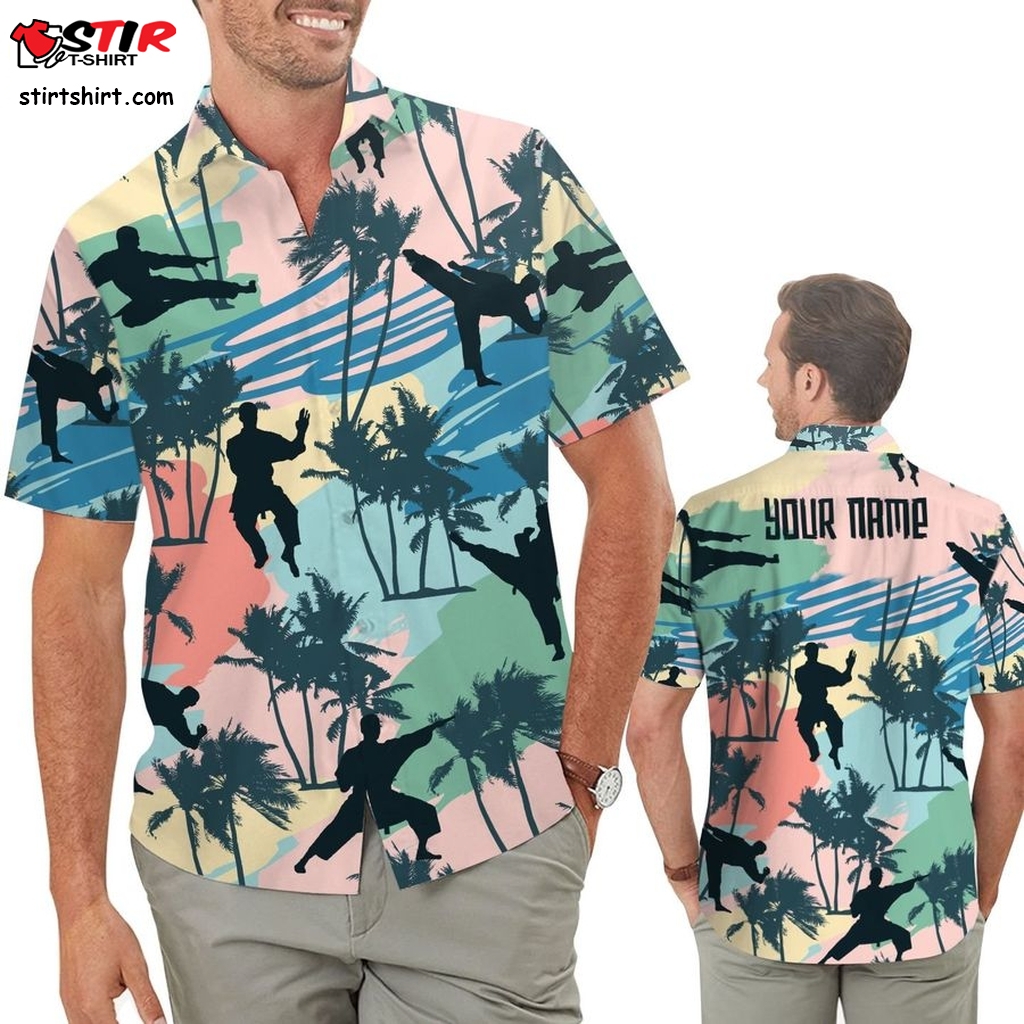 Karate Tropical Coconut Trees Aloha Custom Name Men Button Up Hawaiian Shirt Personalized Gifts For Martial Art Lovers  Tactical  Operator