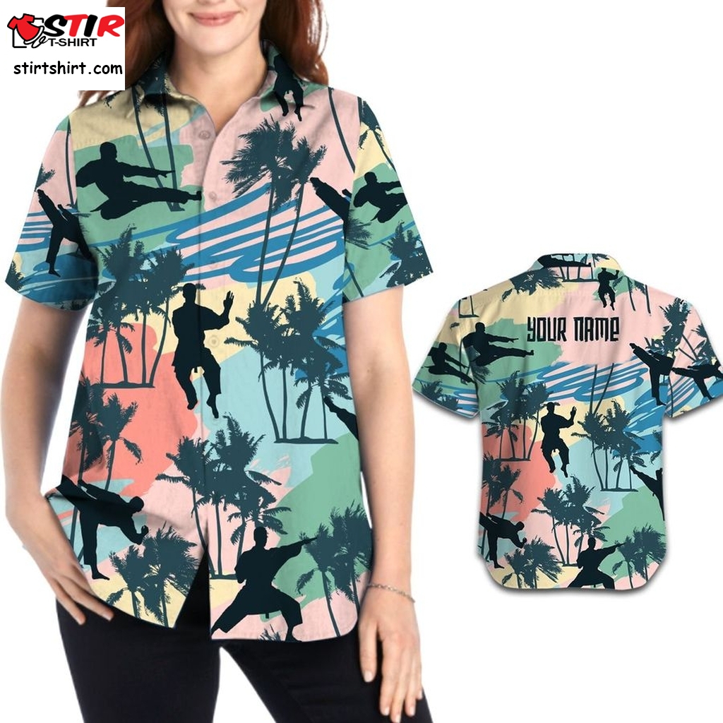 Karate Tropical Coconut Trees Aloha Custom Name Women Button Up Hawaiian Shirt Personalized Gifts For Martial Art Lovers  Tactical  Operator