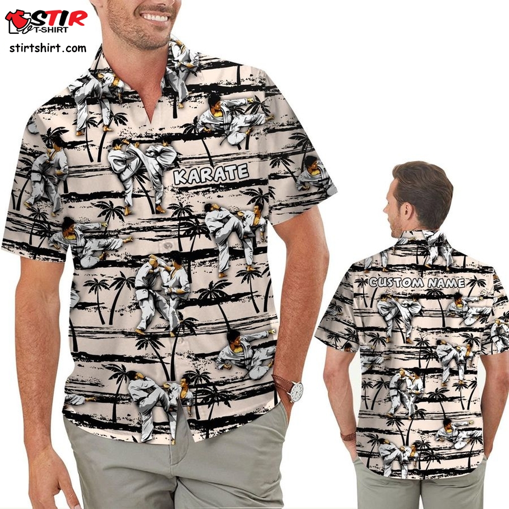 Karate Tropical Coconut Trees Custom Name Personalized Gifts Men Aloha Button Up Hawaiian Shirt For Martial Arts Lovers  Tactical  Operator