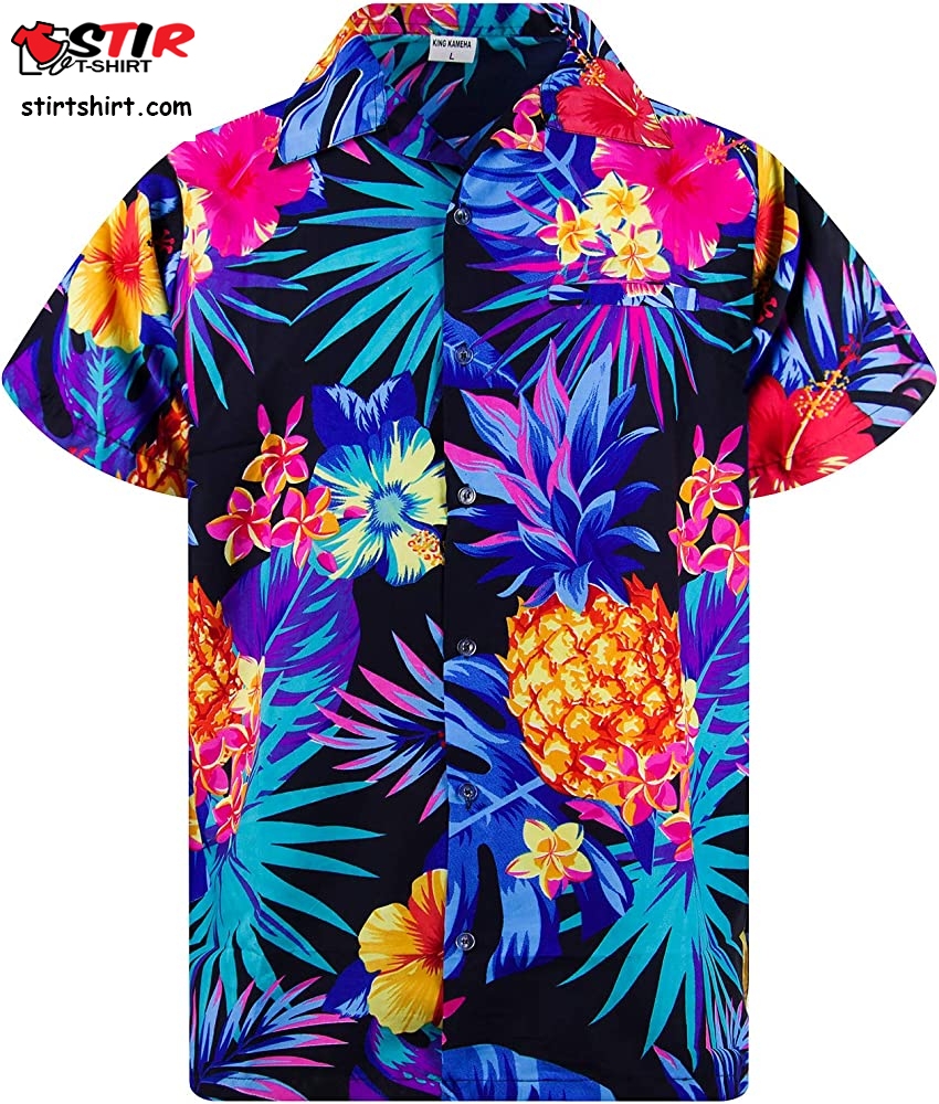 King Kameha Funky Hawaiian Shirt, Shortsleeve, Pineapple, Black Blue   Unisex