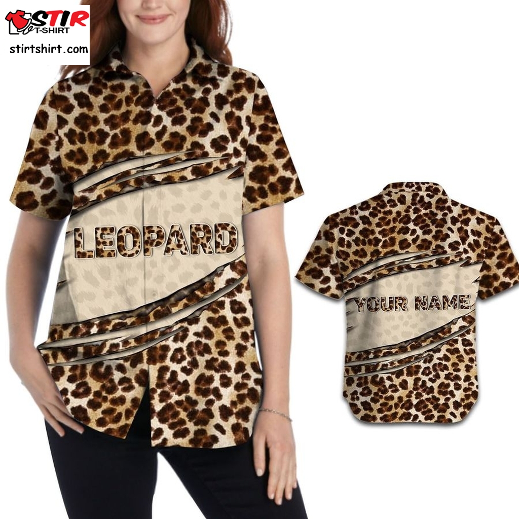 Leopard Fur Pattern Custom Name Women Hawaiian Aloha Tropical Button Up Shirt For Panther Lovers On Summer Vacation  Open 