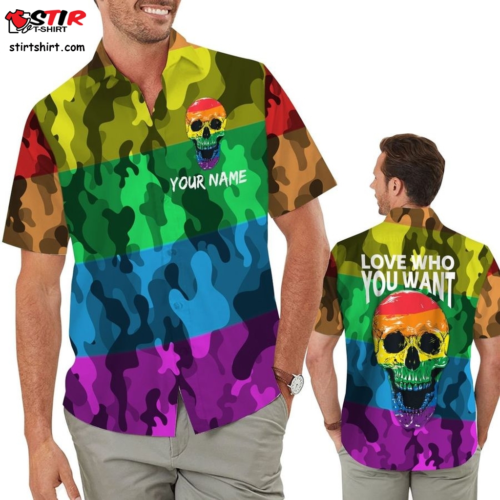 Lgbt Rainbow Camouflage Skull Custom Name Men Hawaiian Aloha Shirt For Gay Lesbian Bisexual Transgender In Pride Month