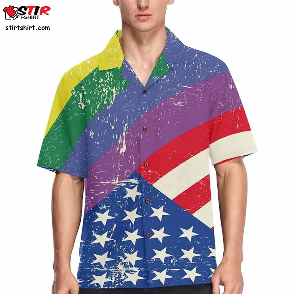 Lgbt Rainbow Men's Hawaiian Shirt American Flag Background, Short Sleeves Button Down Aloha Shirts Beach For Ally  Hawaiian Button Down Shirt