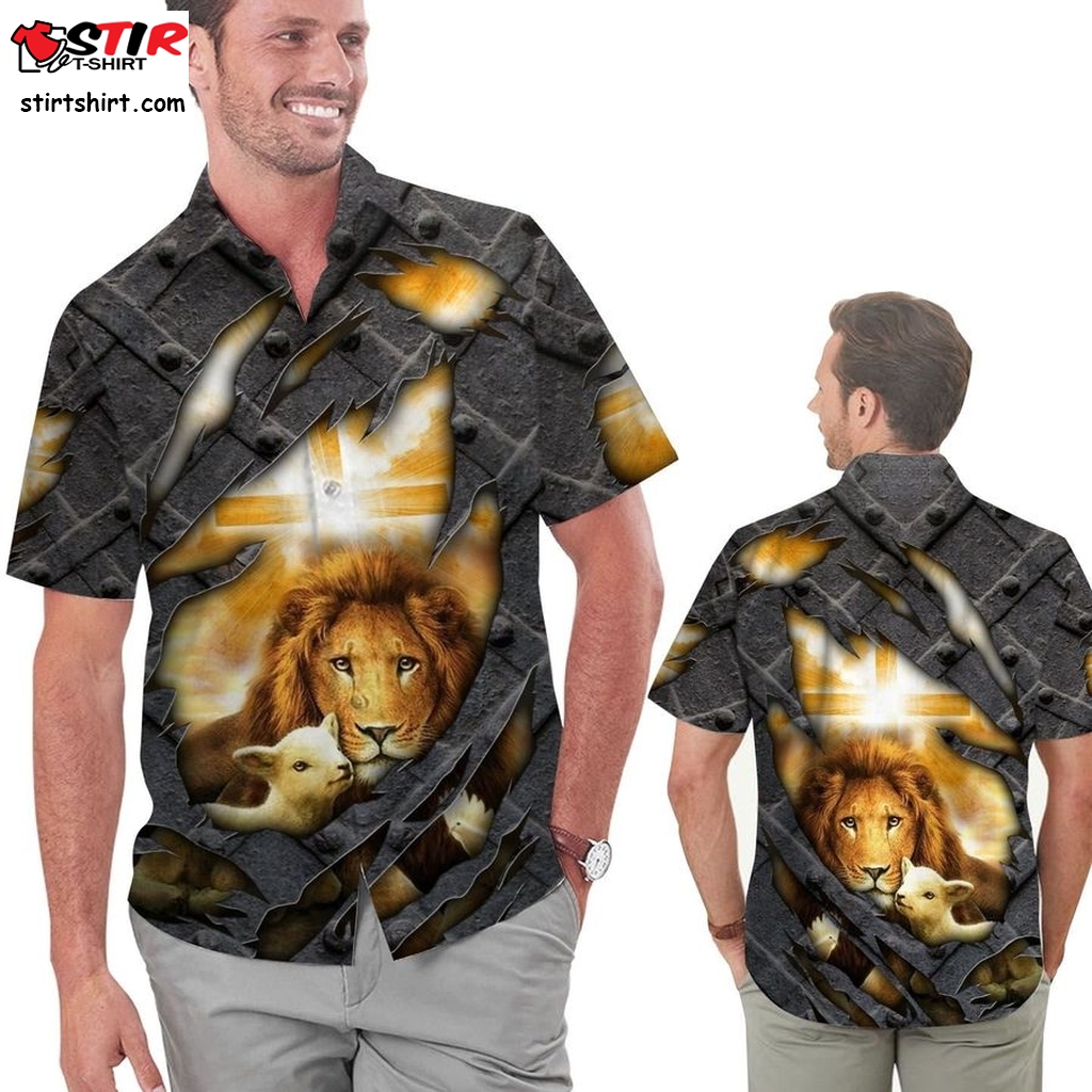 Lion And The Lamb Cracked Metal Men Hawaiian Shirt For Jesus Lovers  Busch 