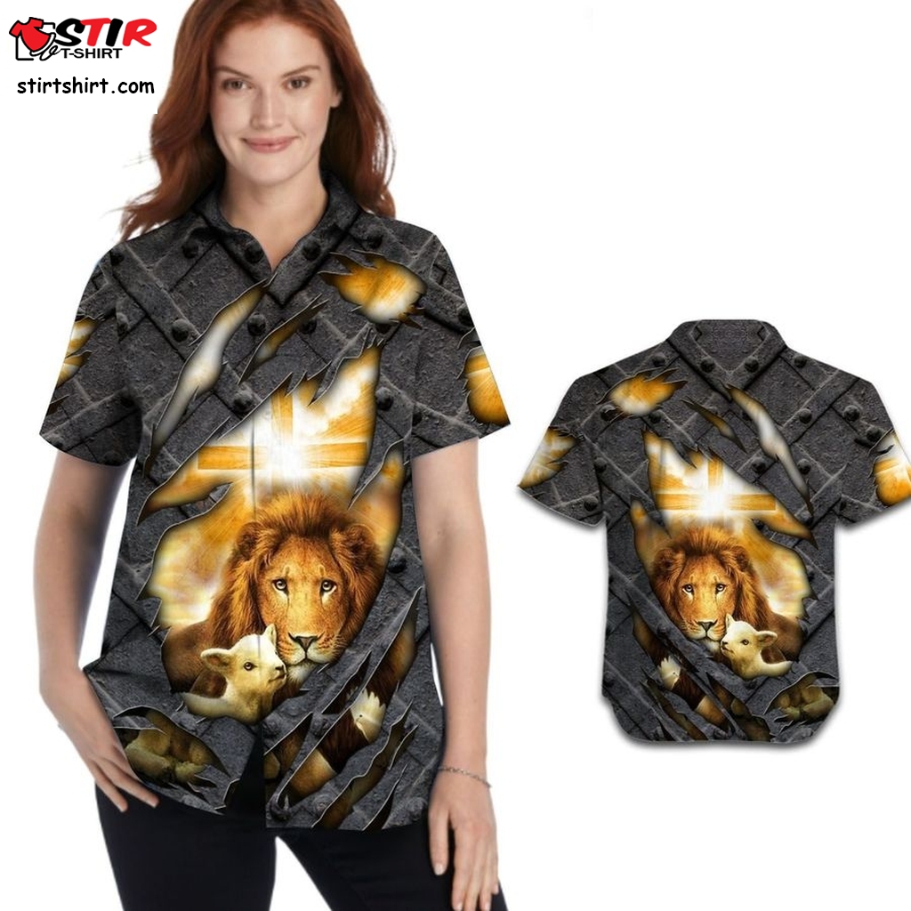 Lion And The Lamb Cracked Metal Women Hawaiian Shirt For Jesus Lovers  Busch 