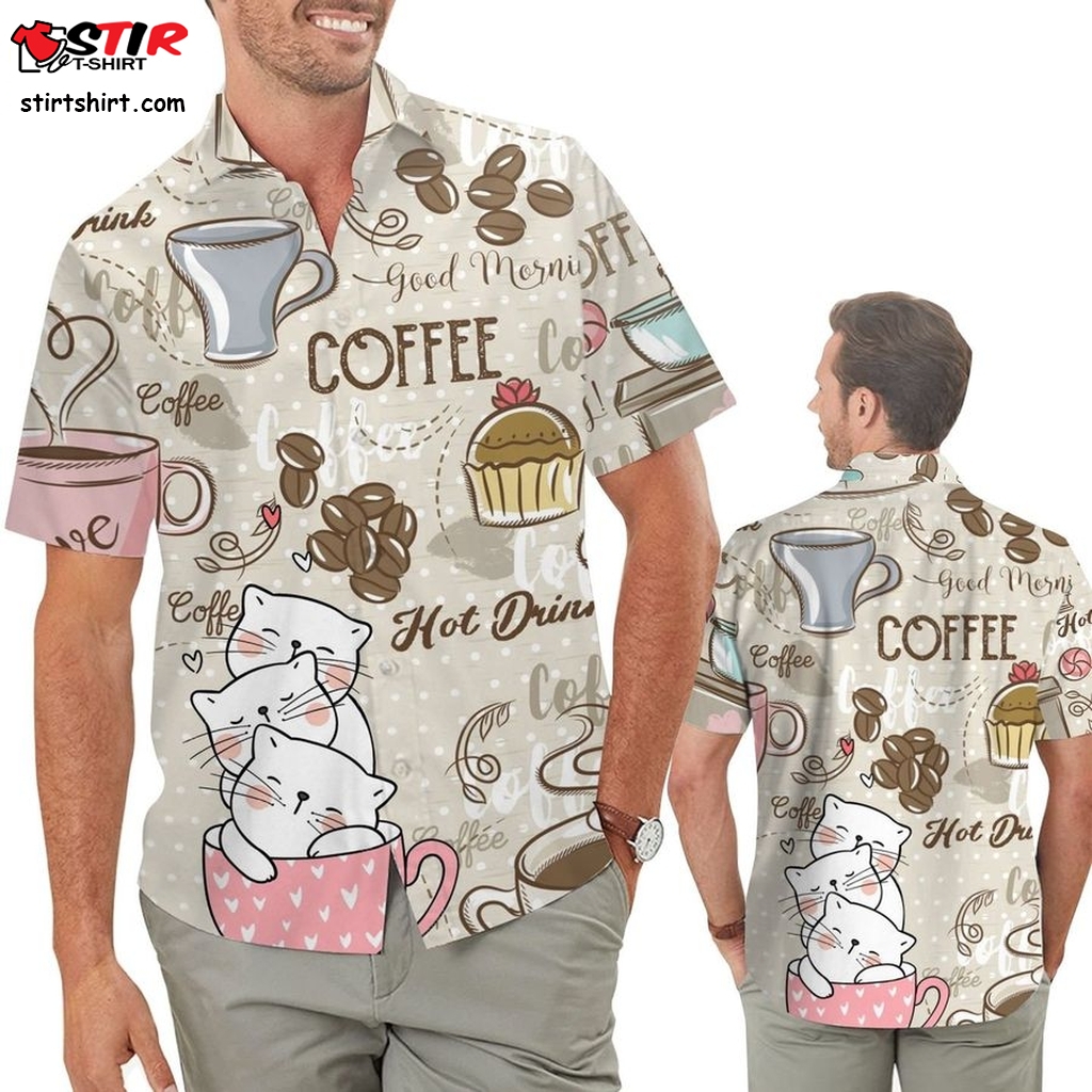 Lonely Cat And Coffee 3D All Over Print Design Men Aloha Button Up Hawaiian Shirt For Coffee Animal Lovers In Summer   Design