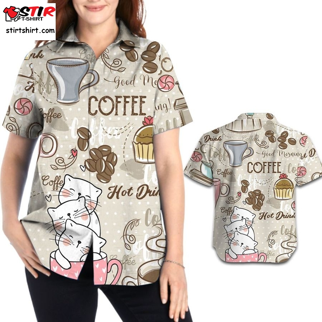 Lonely Cat And Coffee 3D All Over Print Design Women Aloha Button Up Hawaiian Shirt For Coffee Animal Lovers In Summer   Design