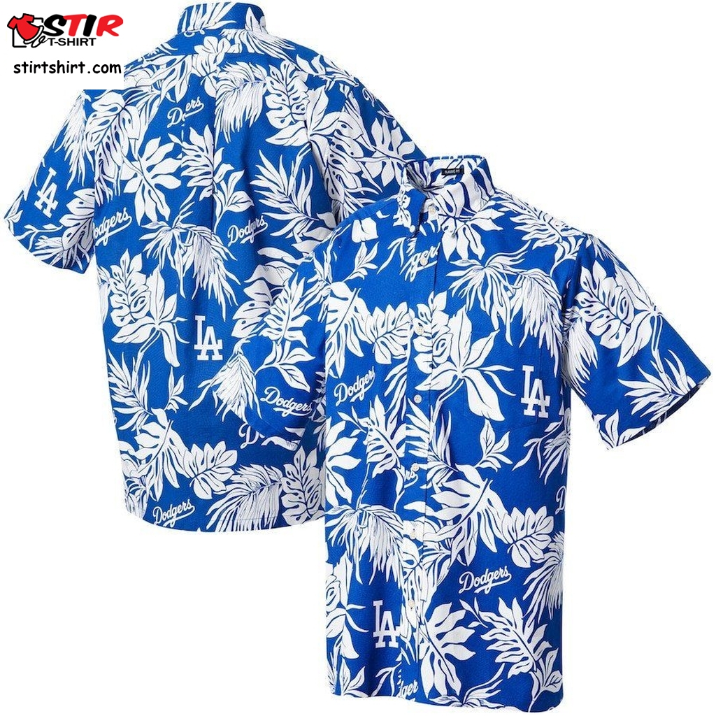 Los Angeles Dodgers Button Up Aloha Hawaiian Shirt   Royal  Hi Vis 