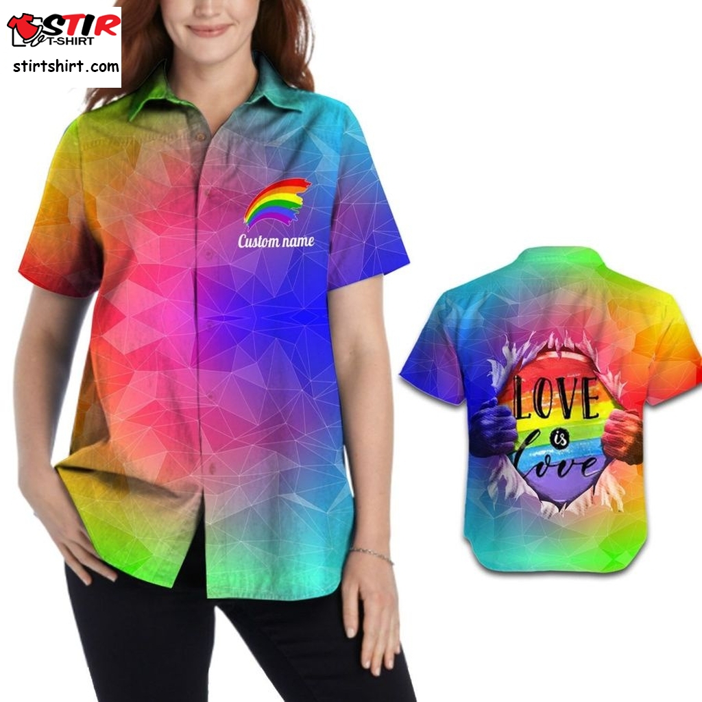 Love Is Love Rainbow Geometric Custom Name Women Hawaiian Aloha Tropical Beach Button Up Shirt Fir Lgbtq In Pride Month  Hawaiian Button Up Shirt Mens