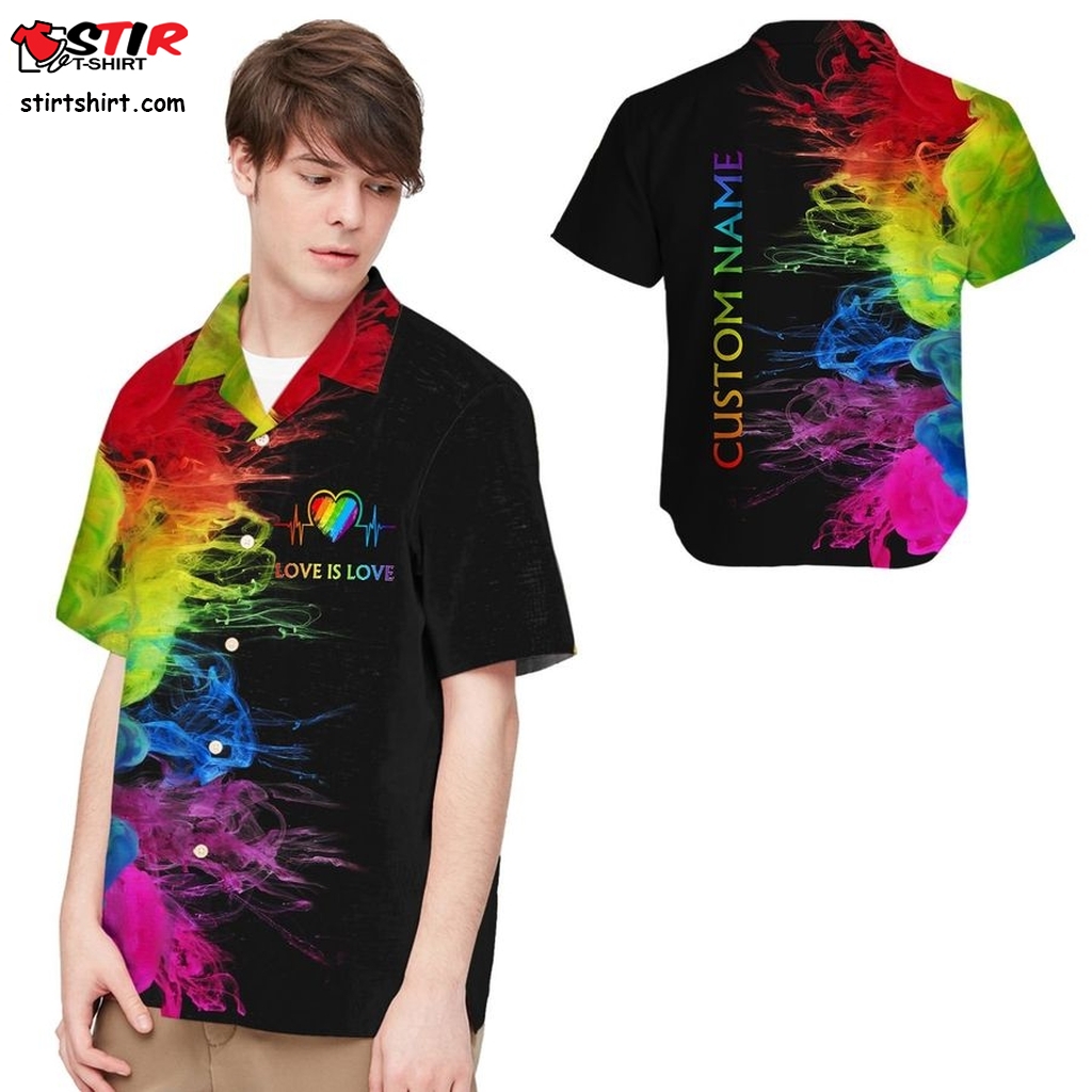Love Is Love Rainbow Heartbeats Custom Name Men Hawaiian Shirt For Lgbt Community  Puma Hawaiian Golf Shirt