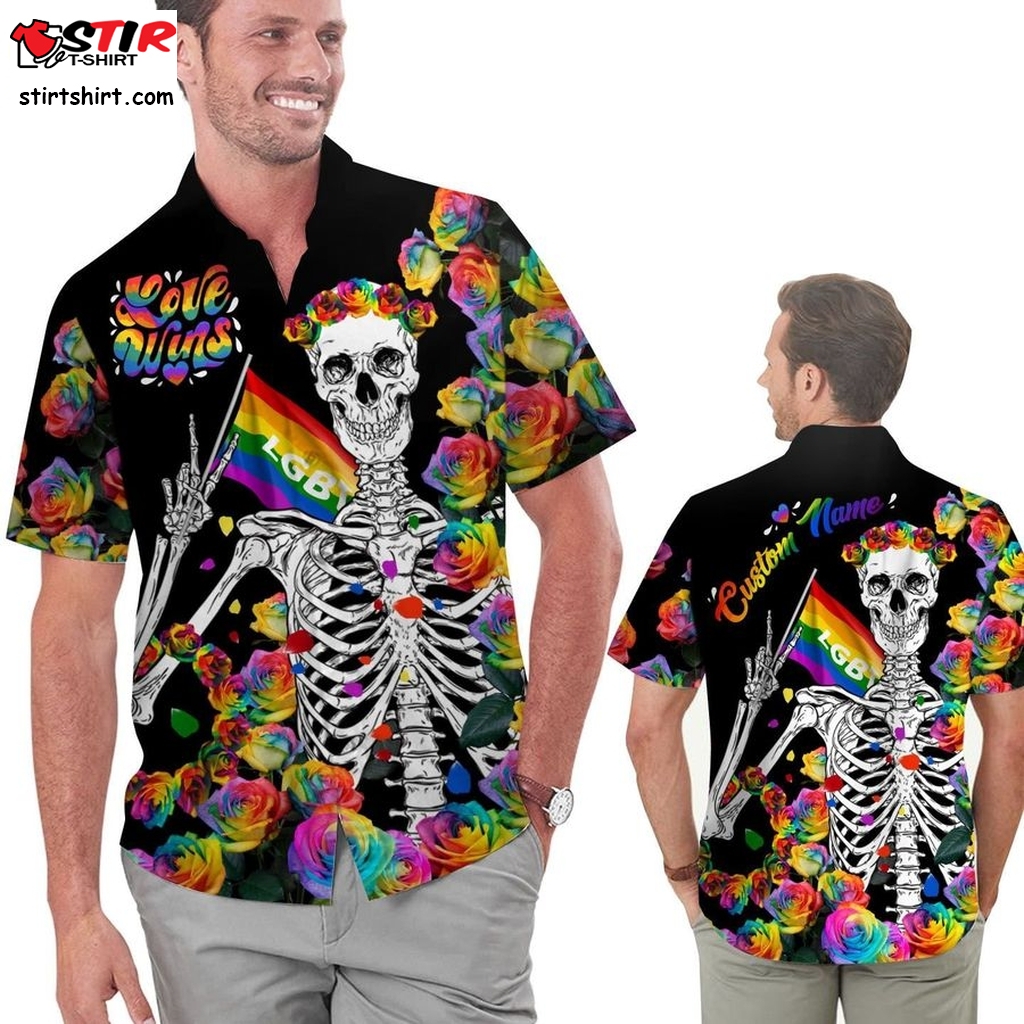 Love Wins Lgbt Skeleton With Colorful Roses Custom Name Pride Month Men Hawaiian Shirt   With Shorts