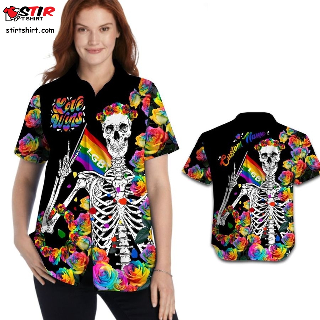 Love Wins Lgbt Skeleton With Colorful Roses Custom Name Pride Month Women Hawaiian Shirt