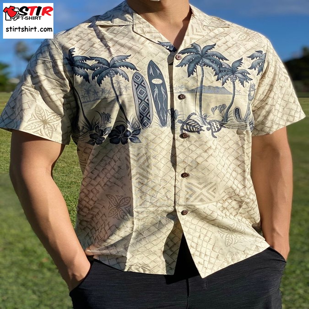 Made In Hawaii 100% Cotton Palm Tree Surfboard And Turtles Island Hawaiian Aloha Shirt   Big And Tall Available, Small To 5Xl,6Xl,7Xl 1