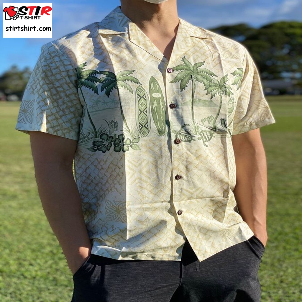 Made In Hawaii 100% Cotton Palm Tree Surfboard And Turtles Island Hawaiian Aloha Shirt   Big And Tall Available, Small To 5Xl,6Xl,7Xl