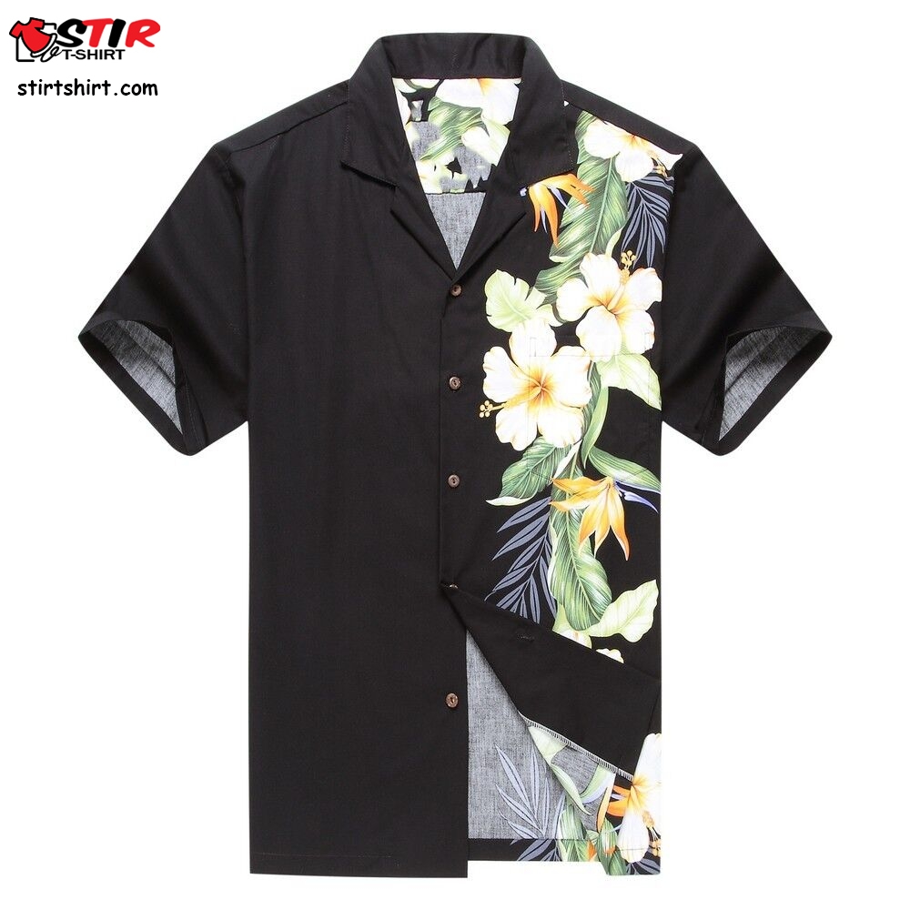 Made In Hawaii Men Hawaiian Shirt Side Bird Of Paradise Hibiscus Floral In Black  Formal 