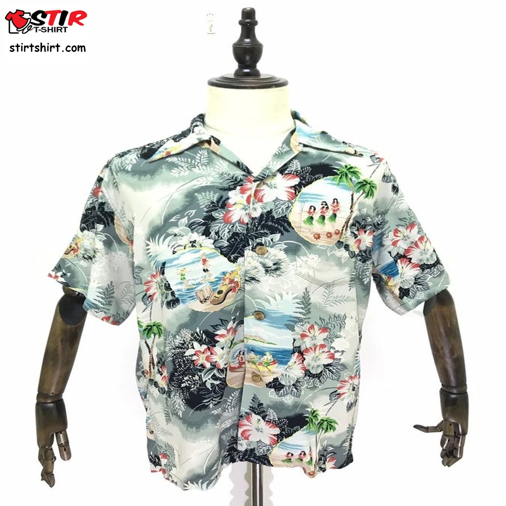 Made In Japan Sun Surf 100% Rayon Crepe Kimono Beach Party Hawaiian Shirt Hula Girls Asian Florals  Bonobos 