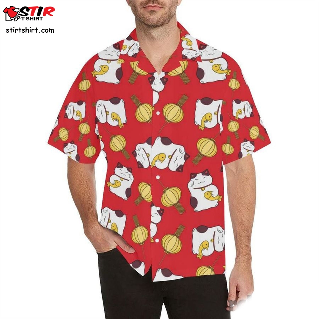 Meneki Neko Lucky Cat Pattern Red Theme Mens All Over Print Hawaiian Shirt   Mens s