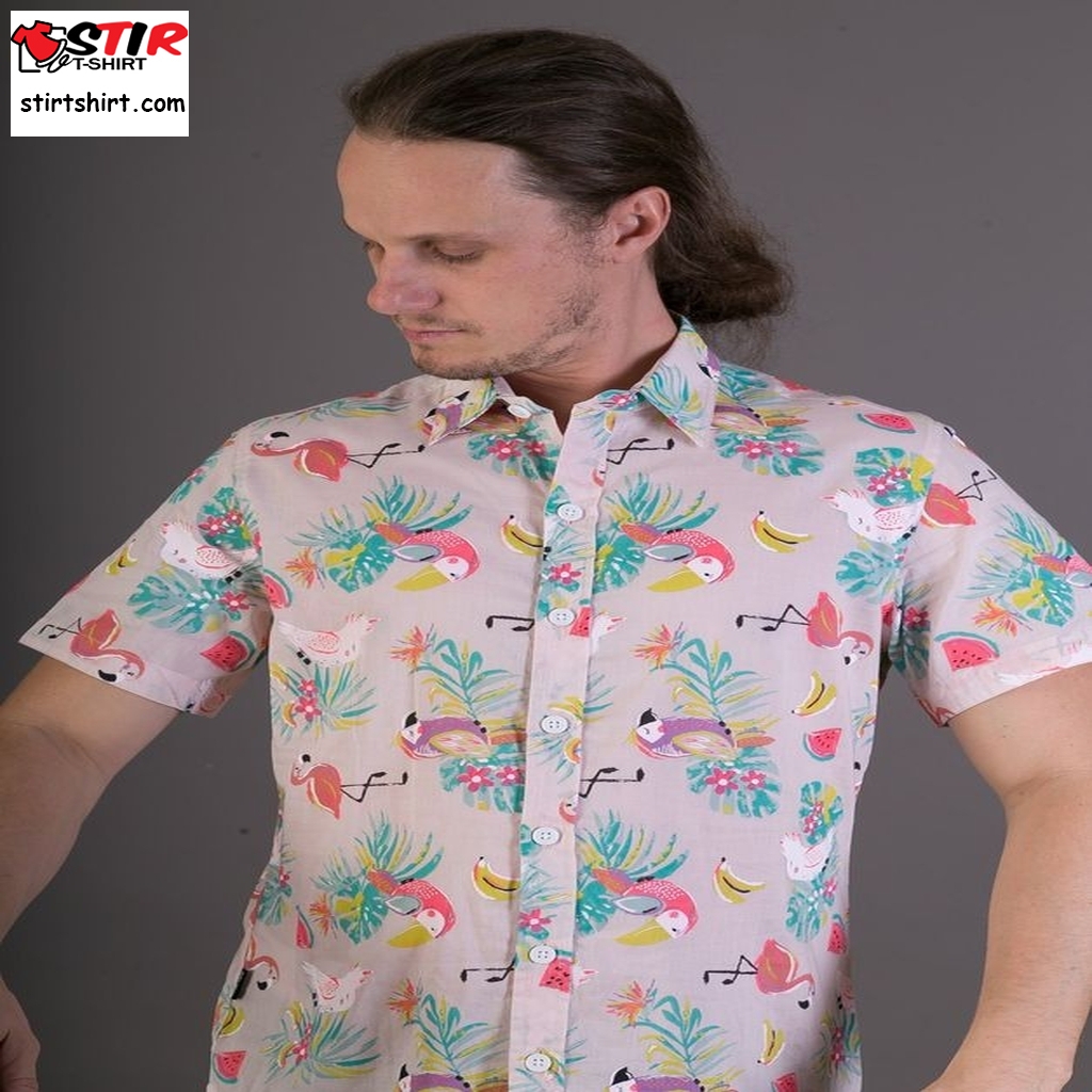 Mens 100% Cotton Short Sleeve Slim Fit Shirt Pink Flamingo Parrot Bird Print  Mens s