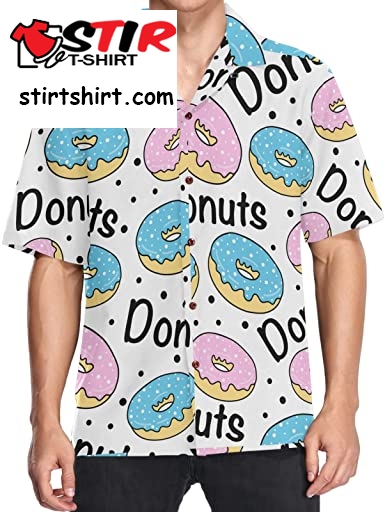 Mens Casual Button Down Short Sleeve Hawaiian Shirt Blue And Pink Donut Dot Aloha Shirt