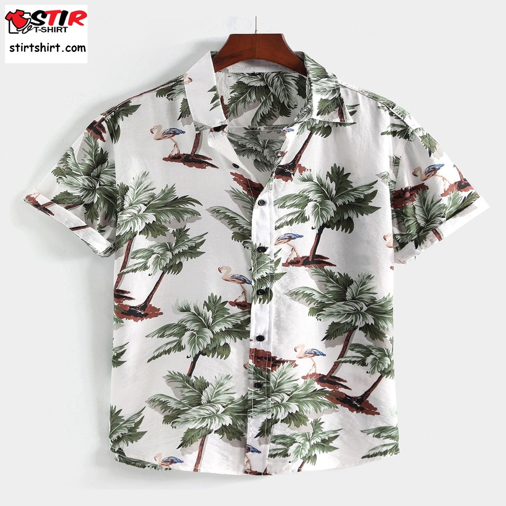 Men's Retro Palm Tree & Flamingo Print Button Up Hawaiian Shirt   Outfit Mens