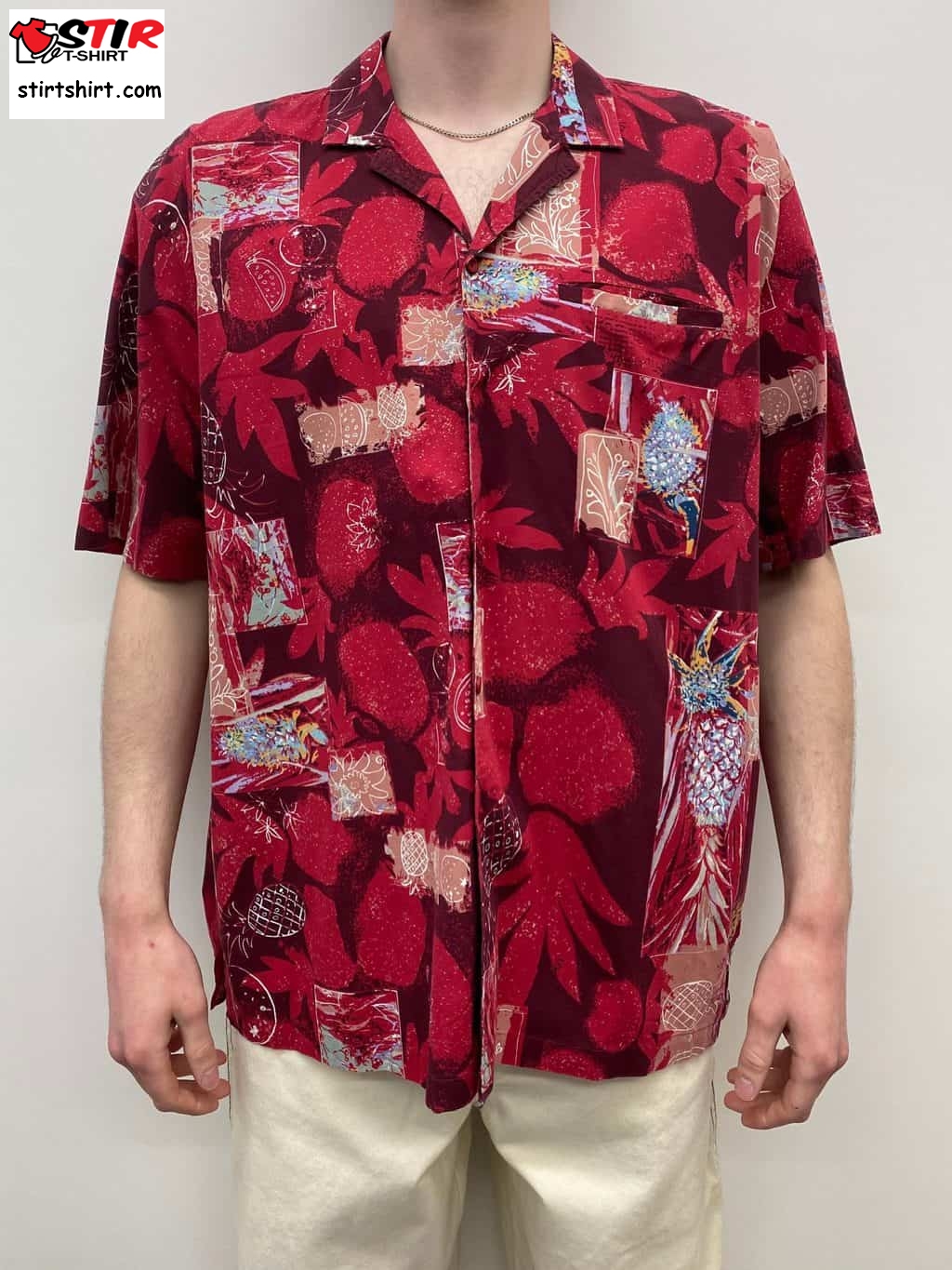 Mens Vintage Abstract Hawaiian Shirt In Red With Fruit And Floral Design Summer Tropical Pineapple Watermelon Pattern  Men's  Pattern