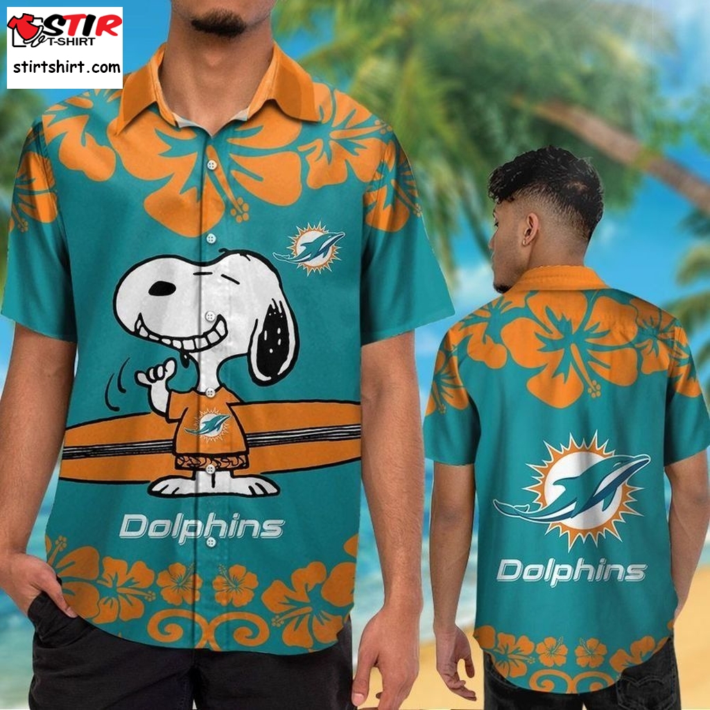 Miami Dolphins Hawaiian Shirt Snoopy Short Sleeve Button Up Tropical Aloha