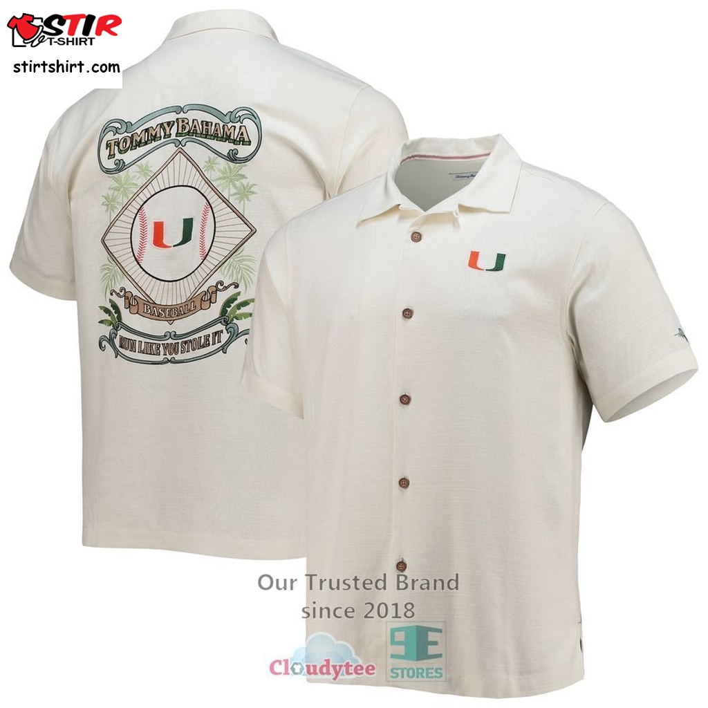 Miami Hurricanes Tommy Bahama Run Like You Stole It Camp White Hawaiian  Shirt Hawaiian Camp Shirt - StirTshirt