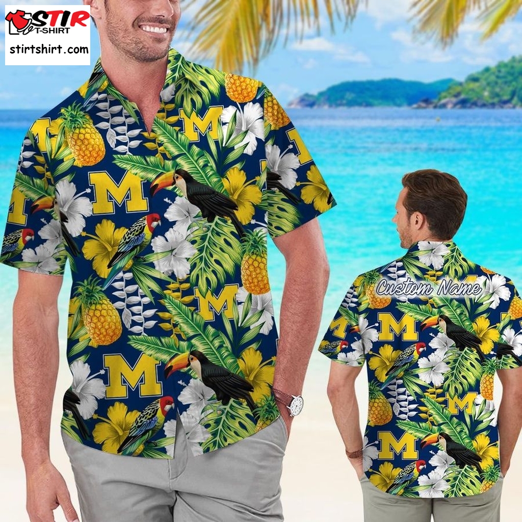 Michigan Wolverines Custom Name Parrot Floral Tropical Men Women Short Sleeve Button Up Tropical Aloha Hawaiian Shirts For Men Women University Of Michigan  Black Floral 