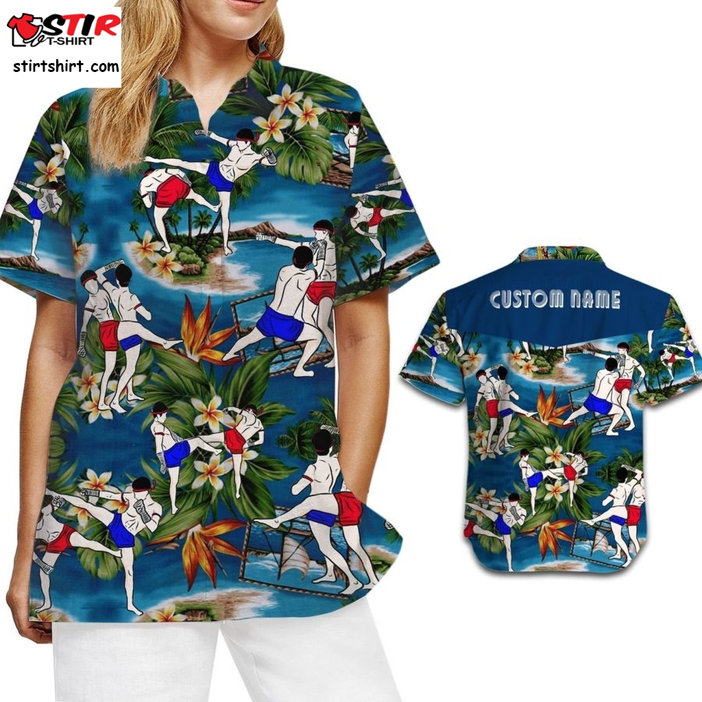 Muay Thai Image Tropical Floral Aloha Custom Name Personalized Gifts Women Button Up Hawaiian Shirt For Martial Lovers   Image