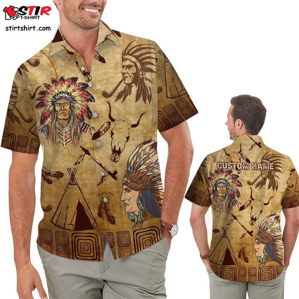 Native American Symbol Pattern Feather Hat Custom Name Personalized Men Button Up Hawaiian Shirt For American Indian   Cake