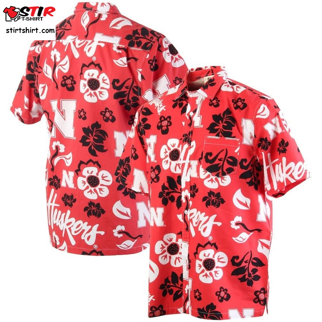 Nebraska Huskers Scarlet Floral Button Up Hawaiian Shirt  Hawaiian Golf Shirt