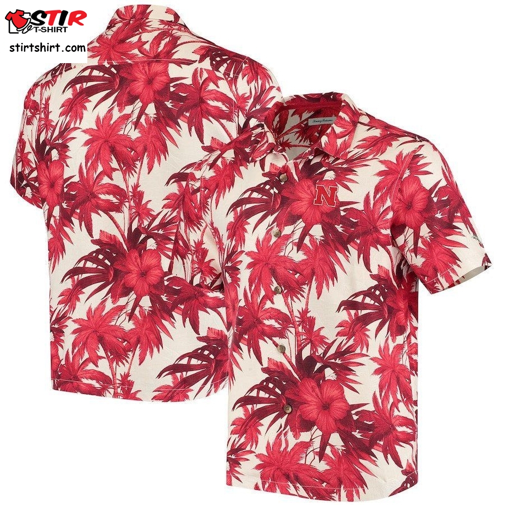 Nebraska Huskers Scarlet Harbor Island Hibiscus Button Up Hawaiian Shirt   And Khakis