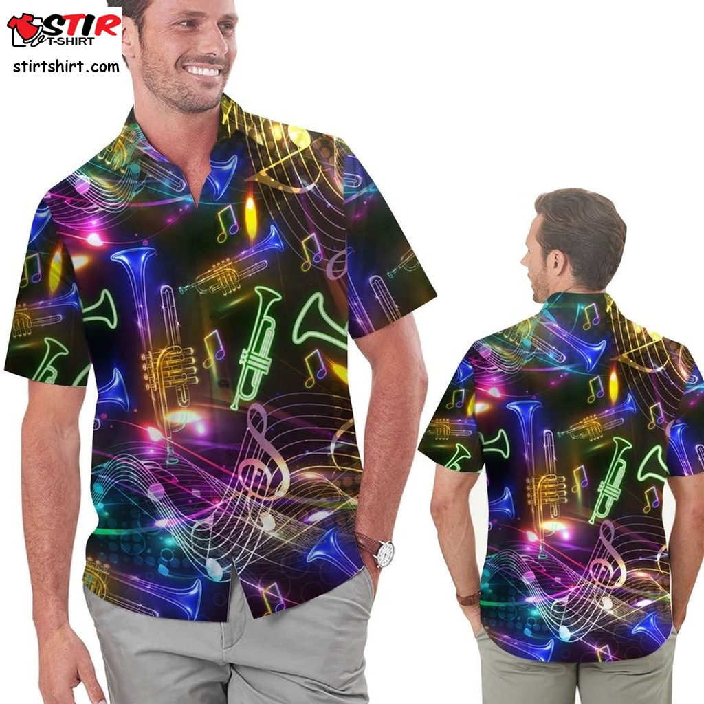 Neon Trumpet Music Staves Men Hawaiian Shirt For Trumpeters In Daily Life  Hawaiian Golf Shirt